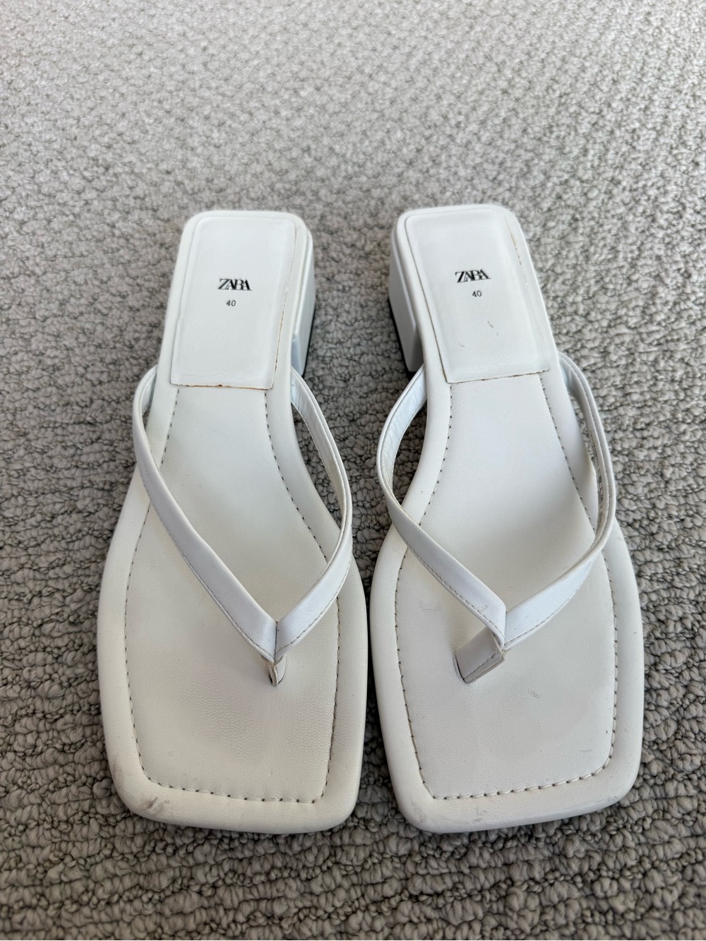 Zara White Square-Toe Block-Heel Thong Sandals